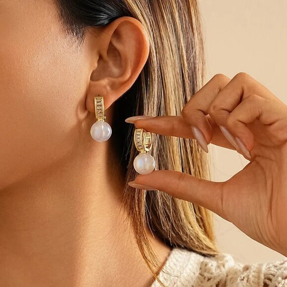 3/$35 Gold Tone Copper Pearl Drop Huggie Earrings CZCubic Zirconia Accents - Picture 1 of 9